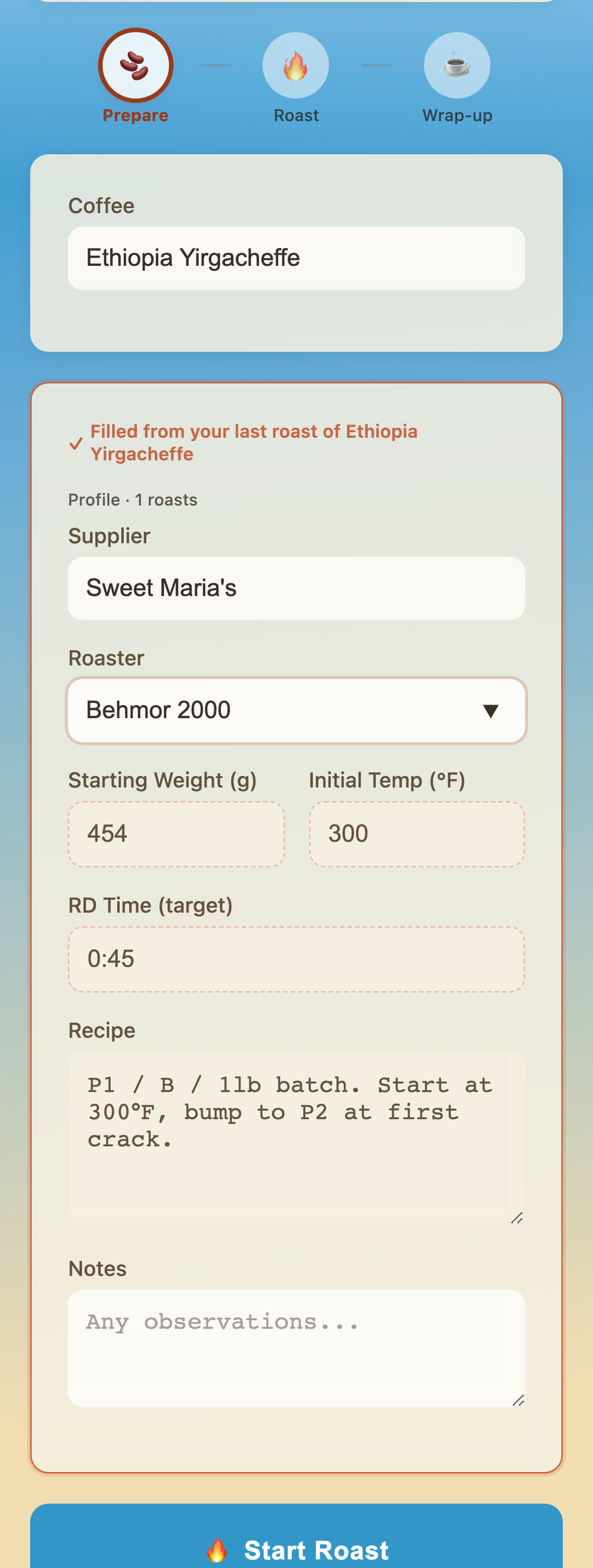 Prepare phase with auto-filled coffee details and recipe