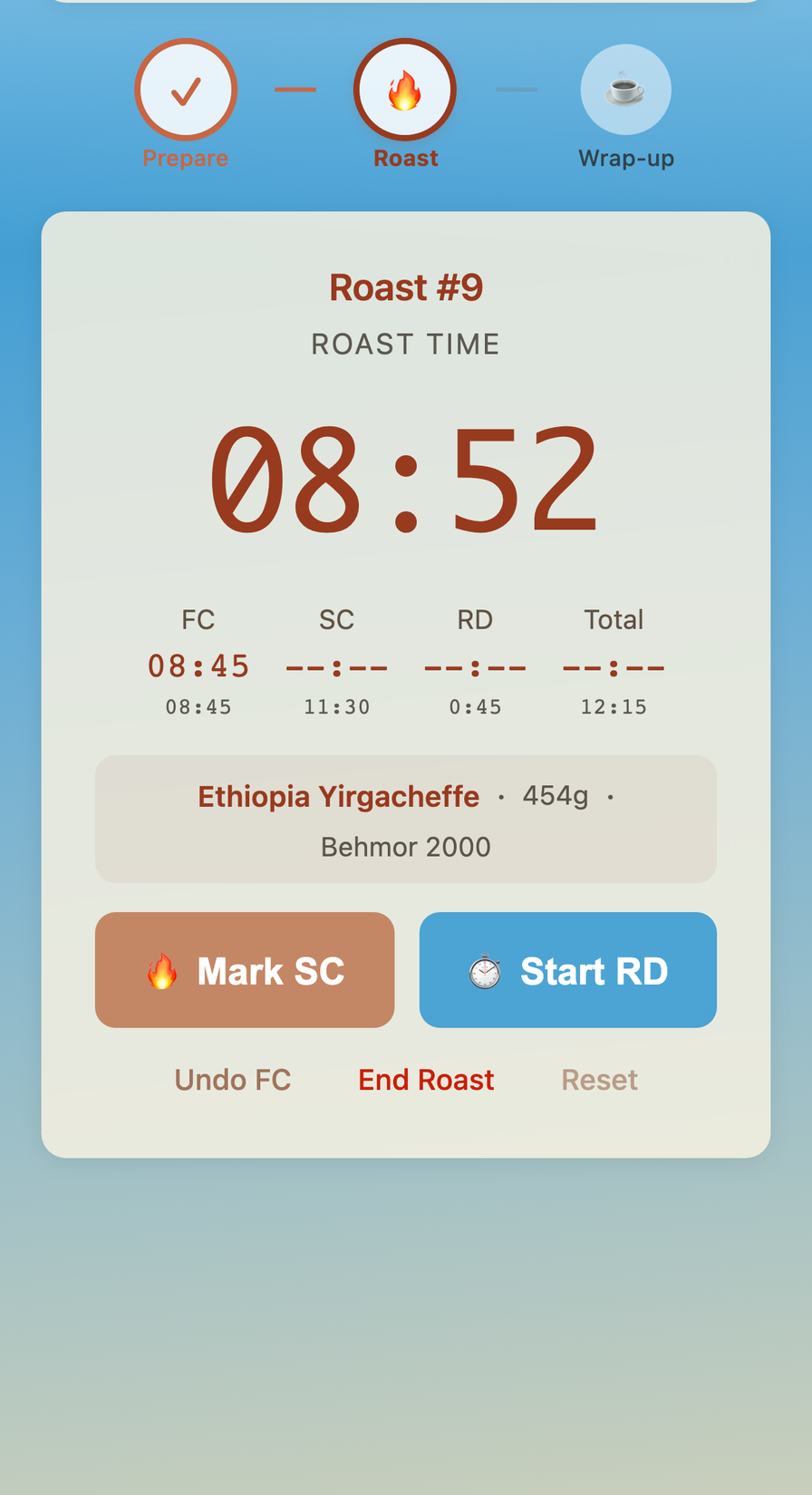 Roast timer showing First Crack marked with target times